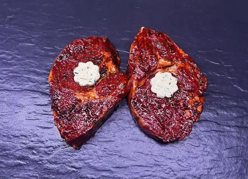 2 x Rib Eye Steaks with Black Garlic Marinade, beef, butcher prepared, Bromfields Butchers