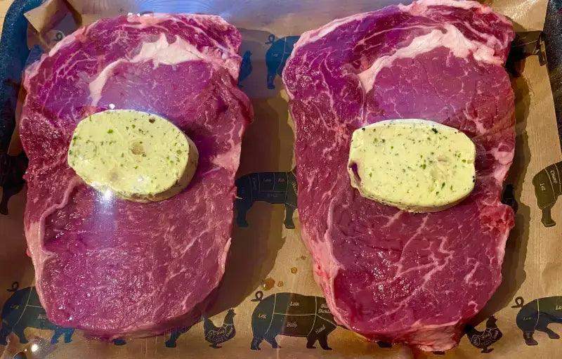 2 x Rib Eye Steaks with Garlic Butter Florets, beef, butcher prepared, Bromfields Butchers