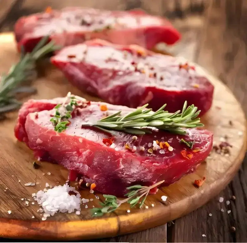 Dry aged fillet steaks on wooden board with herbs, sea salt, and peppercorns