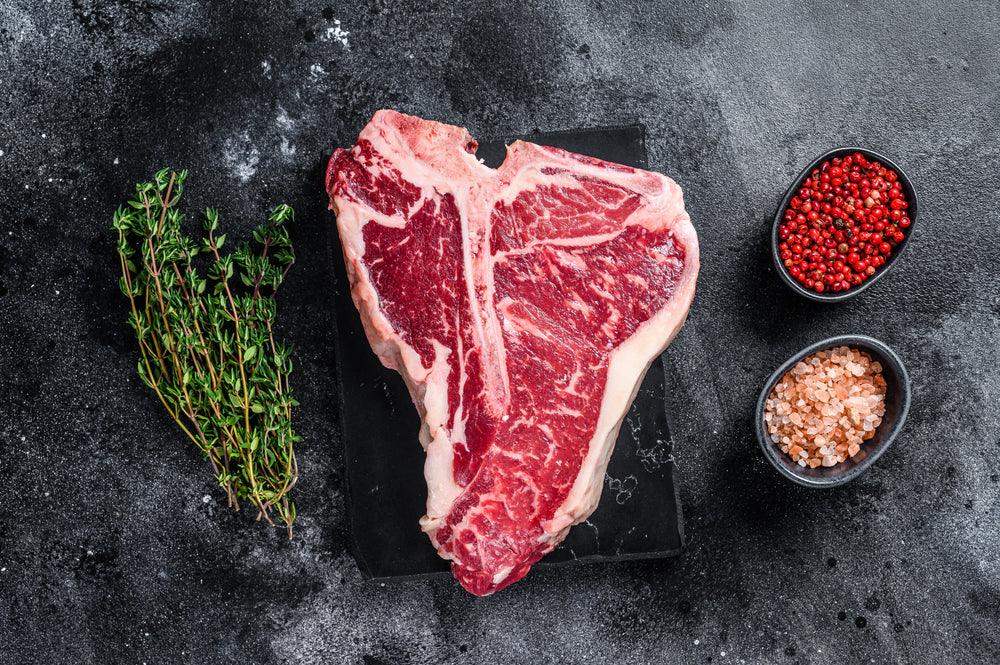 28 day+ Dry-Aged T-Bone Steak, beef, butcher prepared, Bromfields Butchers