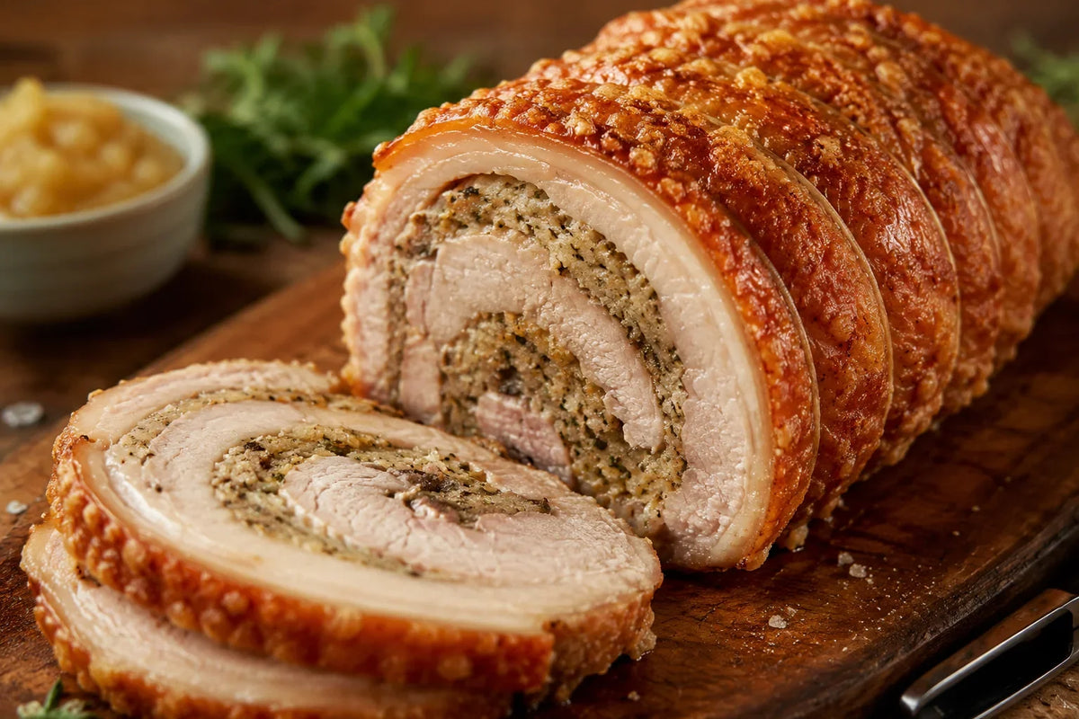 Slices of Bromfields Pork Stuffed Orchard Pork Belly Joint with crackling on a wooden board.
