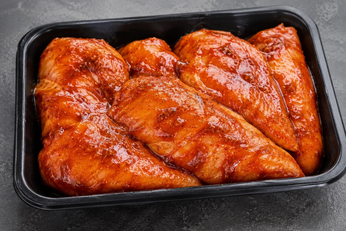 Bromfields Chicken BBQ chicken fillets marinated in sauce in a black plastic tray