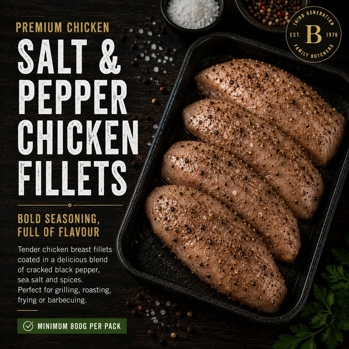 Bromfields Chicken salt and pepper seasoned chicken fillets in a black roasting tray.