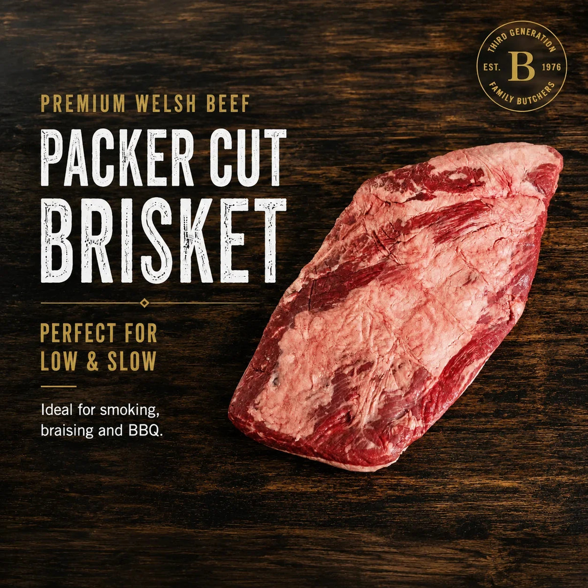 Raw Bromfields Beef Packer Cut Brisket on a dark wooden background.