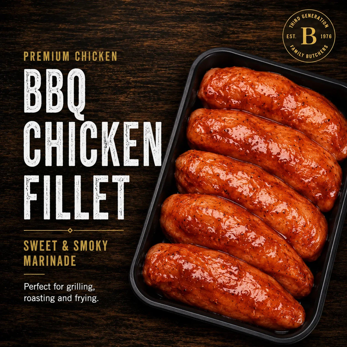 Bromfields Chicken BBQ chicken fillets in a sweet and smoky marinade in a black tray.