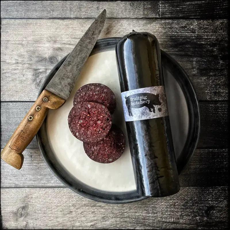 Fruit Pig Black Pudding (Fresh Blood), pork, butcher prepared, Bromfields Butchers