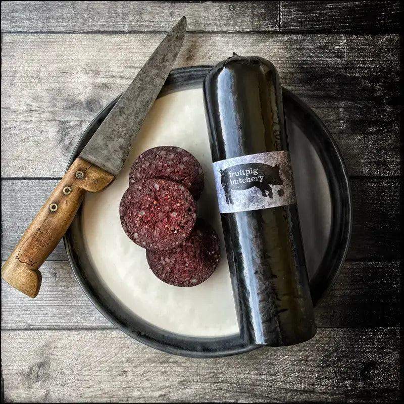 Fruit Pig Black Pudding (Fresh Blood), pork, butcher prepared, Bromfields Butchers
