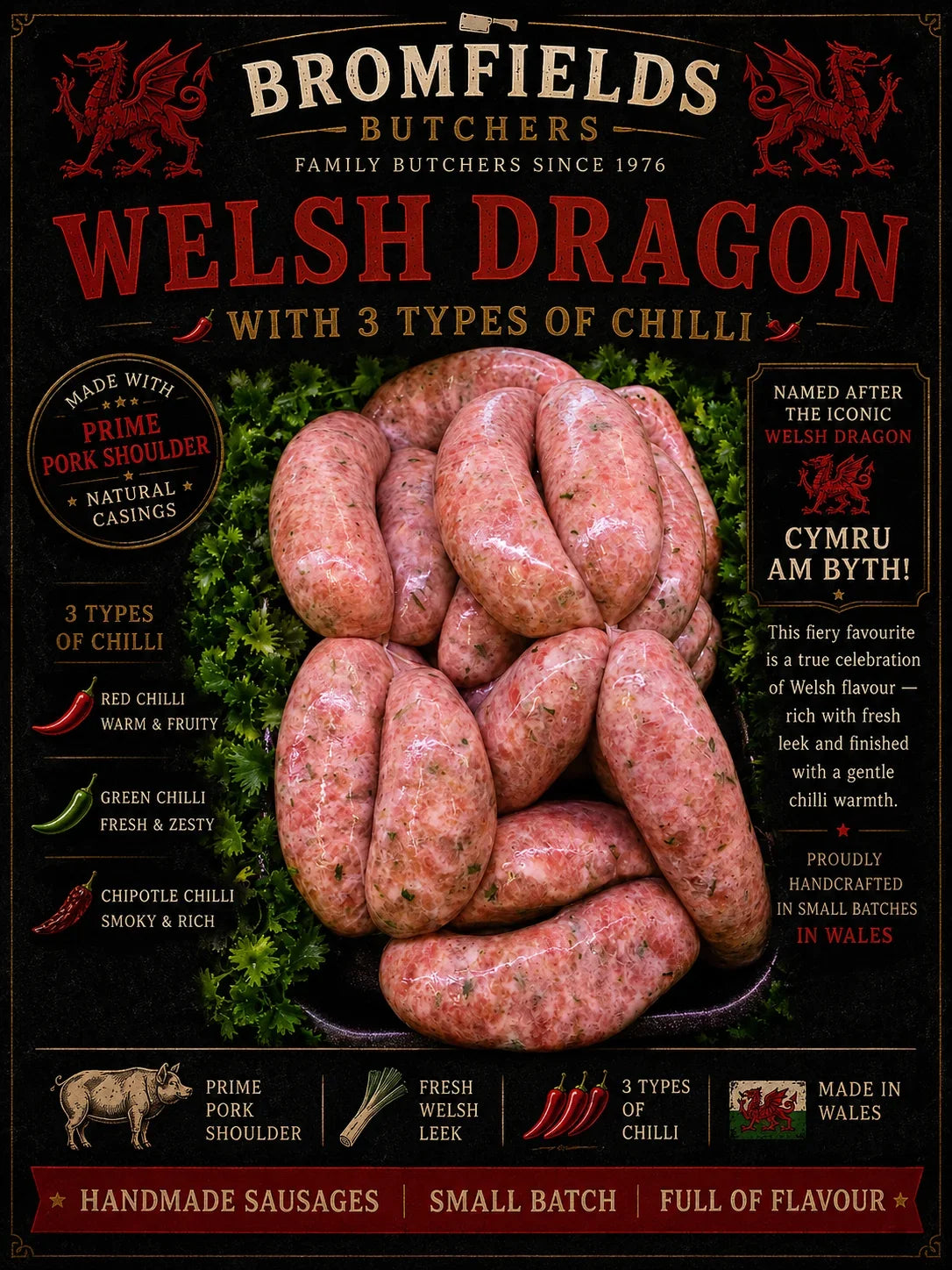 Y Ddraig Goch (The Welsh Dragon) Pork Sausage 6's - Bromfields Online Butchers UK