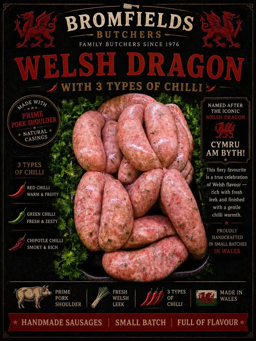 Y Ddraig Goch (The Welsh Dragon) Pork Sausage 6's - Bromfields Online Butchers UK