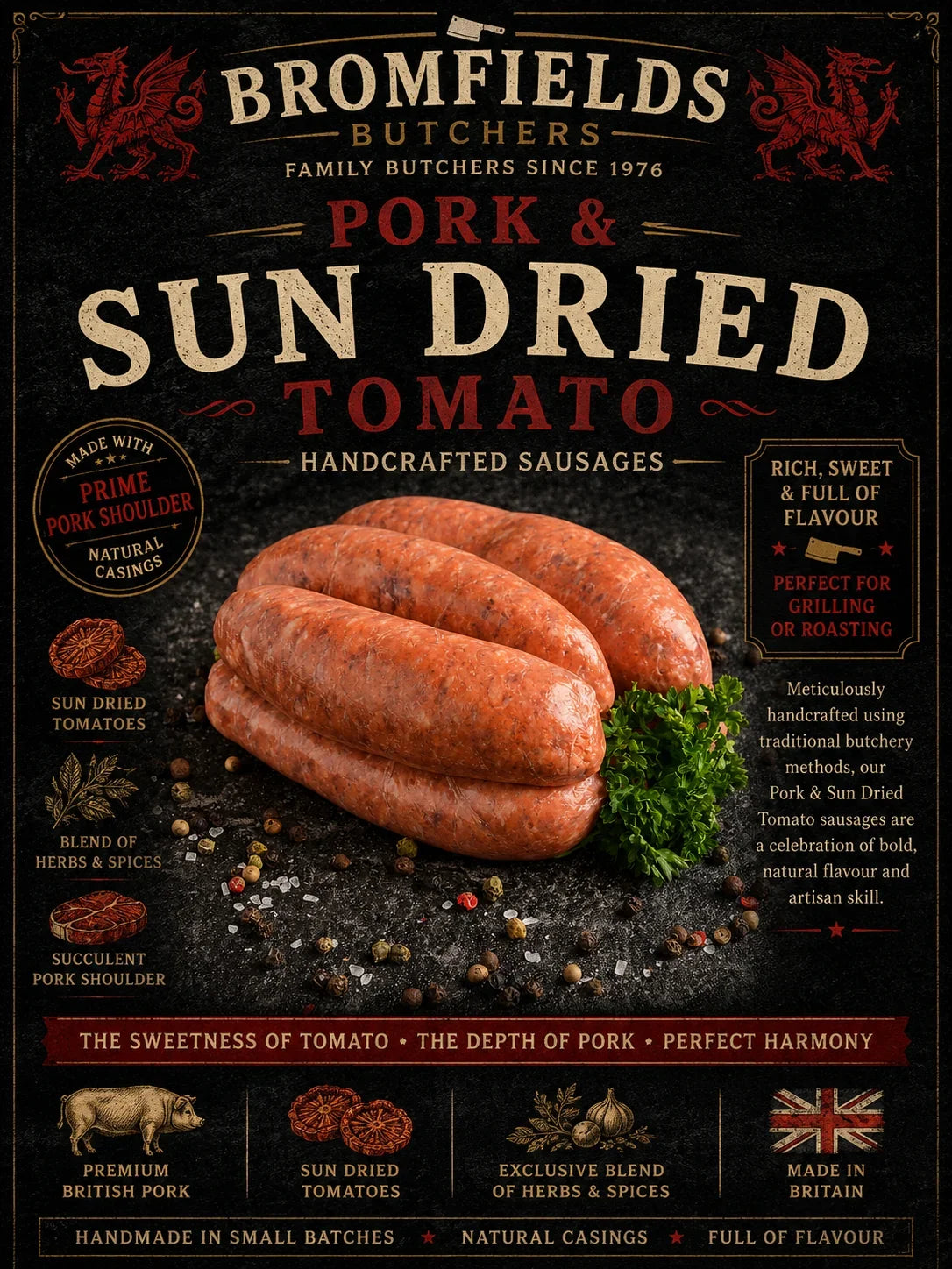 Pork, Sun Dried Tomato & Basil Sausages 6's - Bromfields Online Butchers UK