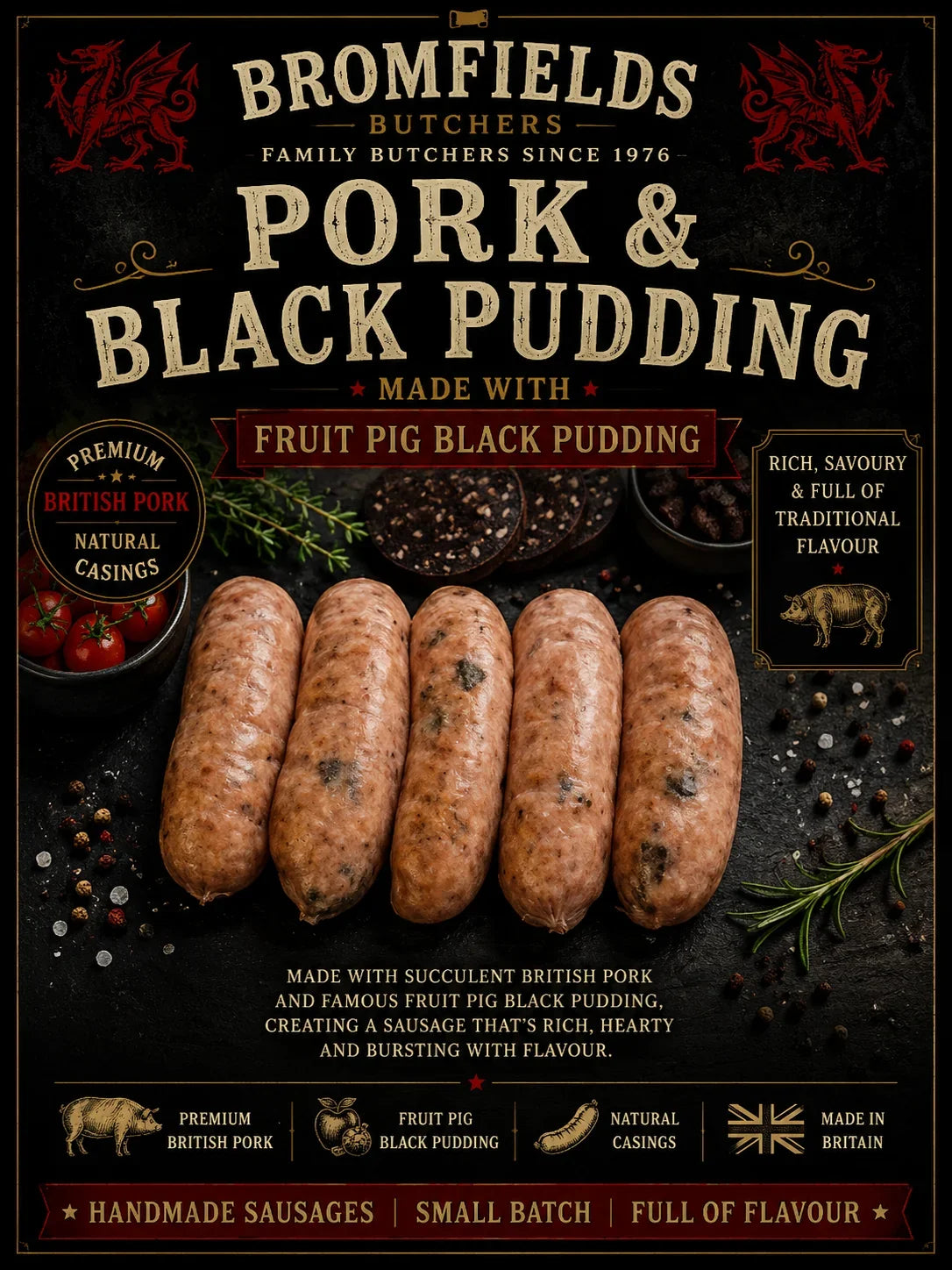 Pork & Black Pudding Sausages 6's - Bromfields Online Butchers UK
