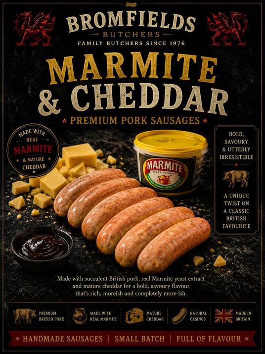 Marmite & Cheddar Pork Sausage 6's - Bromfields Online Butchers UK