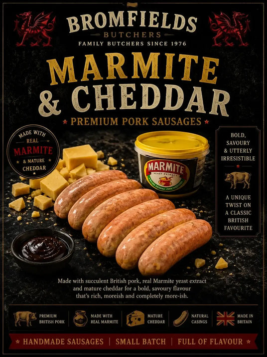 Marmite & Cheddar Pork Sausage 6's - Bromfields Online Butchers UK