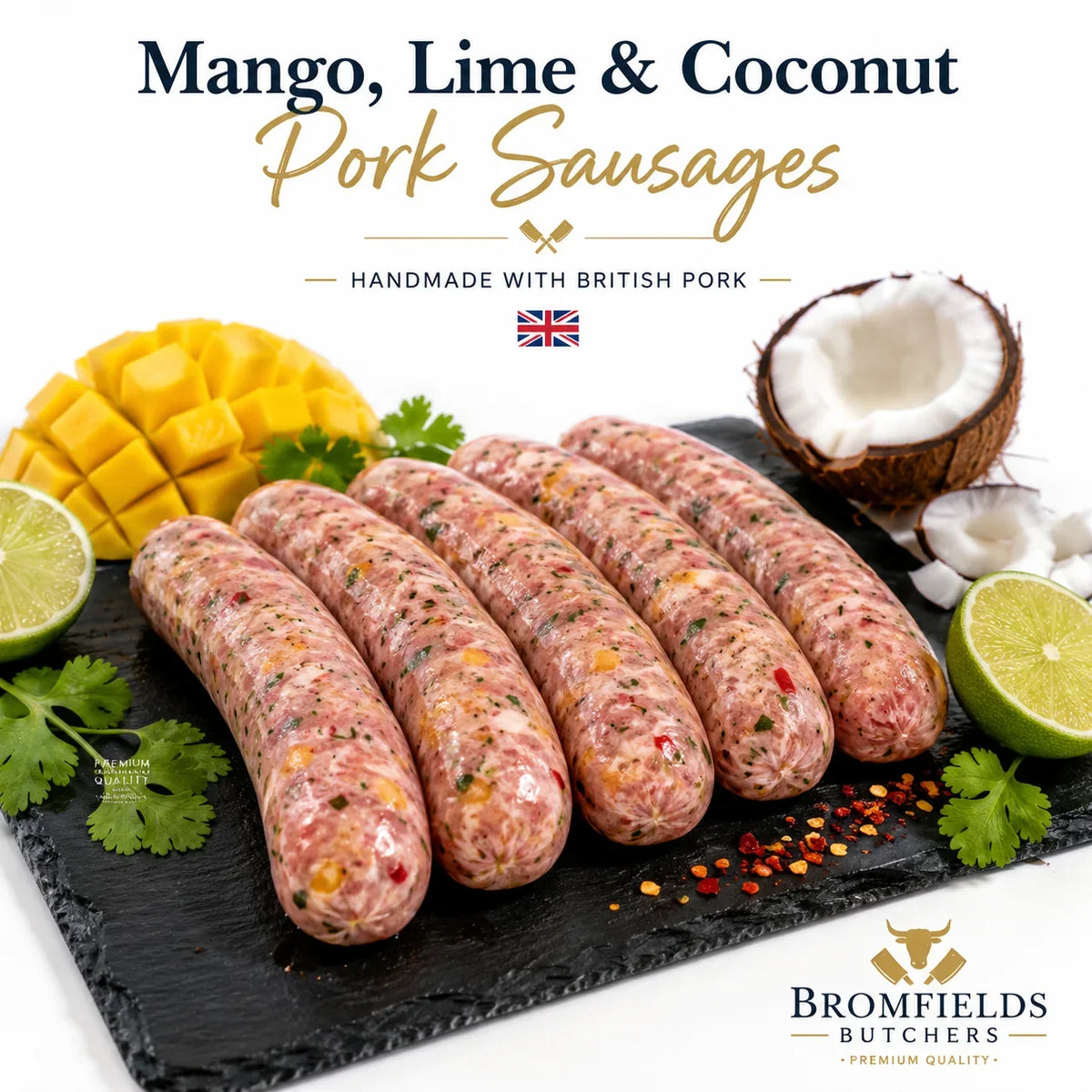 Bromfields Sausages: Mango, Lime & Coconut Pork Sausages on a slate platter with fresh ingredients.