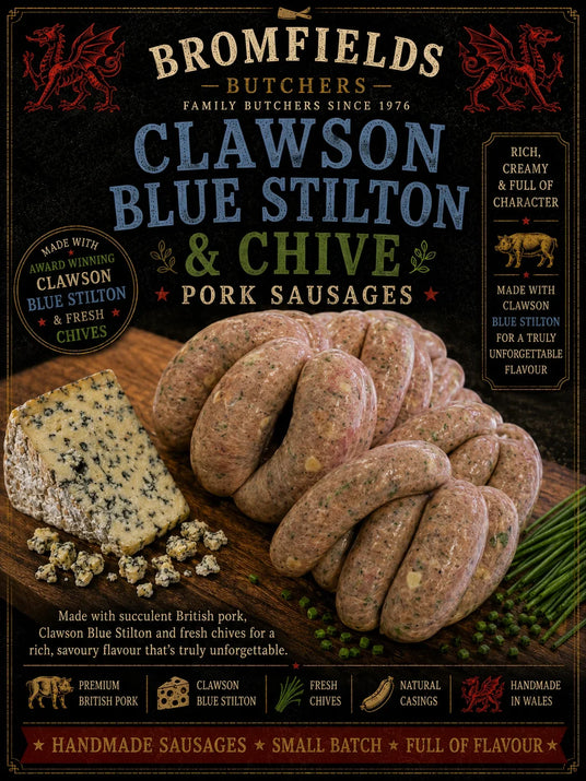 Bromfields Sausages Clawson Blue Stilton & Chive pork sausages with a wedge of blue cheese.