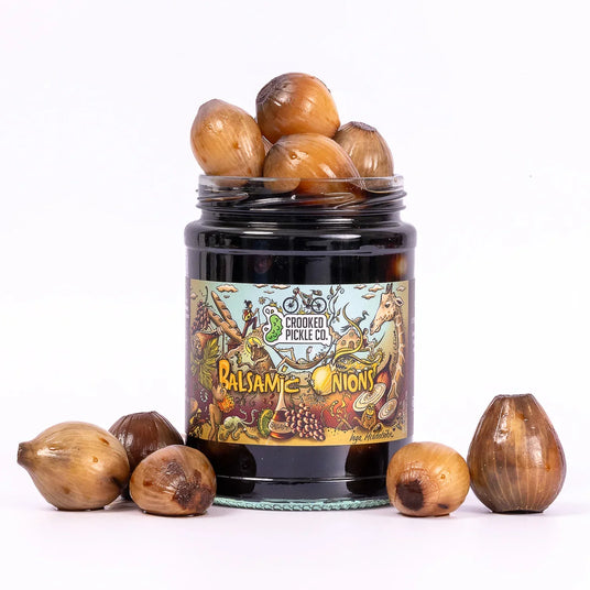 Bromfields Deli Limited Edition Balsamic Onions in Modena Vinegar jar with whole onions.