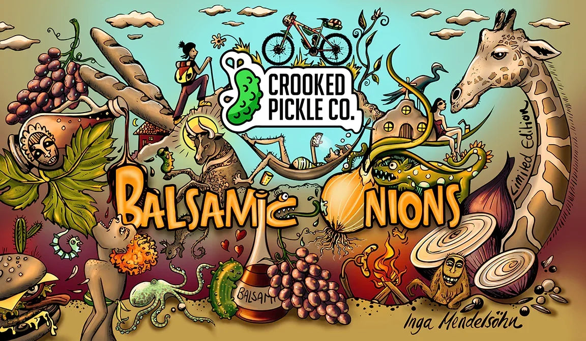 Whimsical illustration for Bromfields Deli Limited Edition Balsamic Onions.