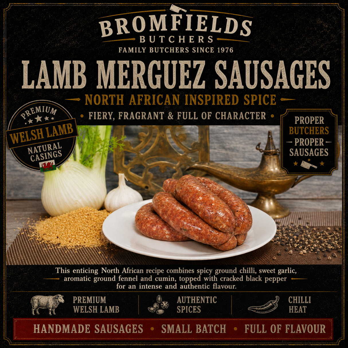 Bromfields Butchers Lamb Merguez Sausages made with premium Welsh lamb and authentic North African spices including chilli, garlic, fennel, cumin and cracked black pepper.