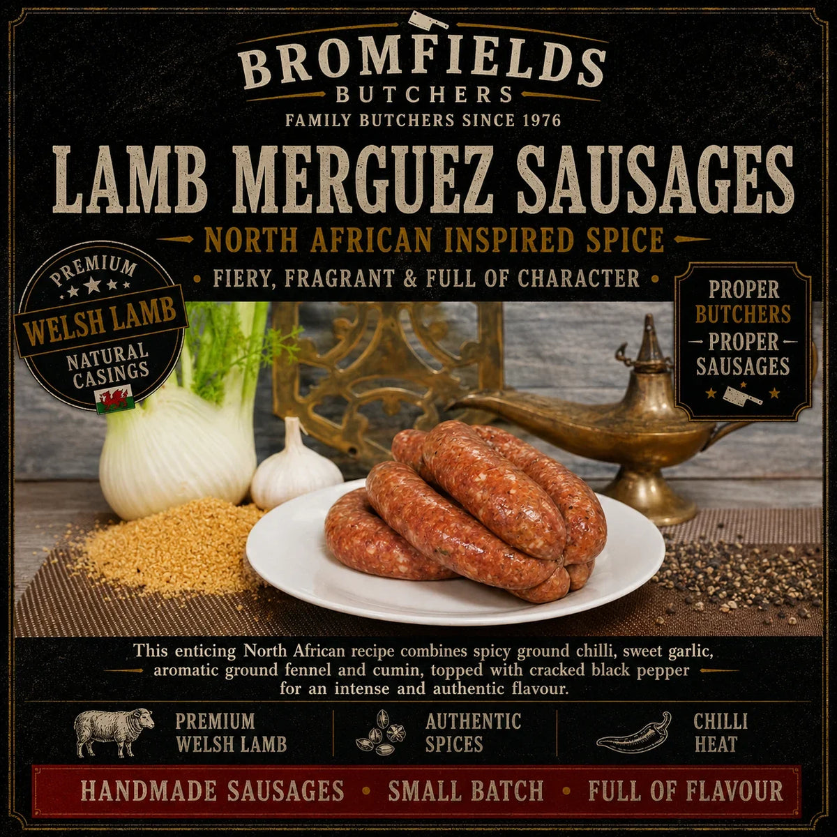 Bromfields Butchers Lamb Merguez Sausages made with premium Welsh lamb and authentic North African spices including chilli, garlic, fennel, cumin and cracked black pepper.