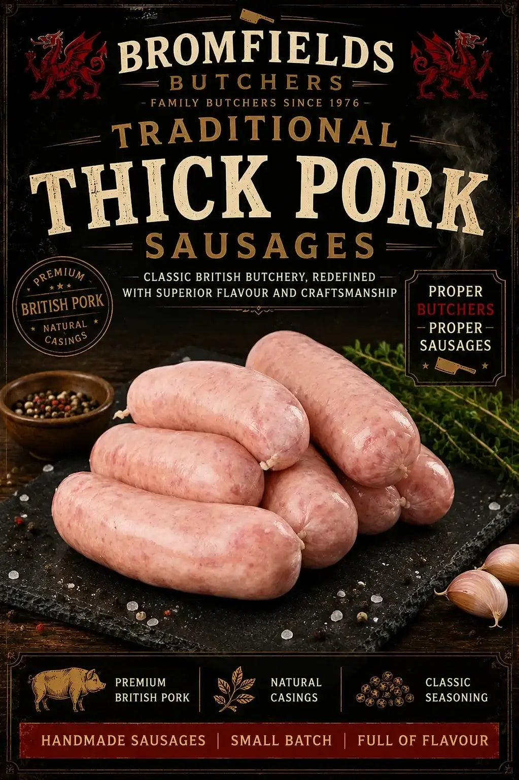 Bromfields Butchers traditional thick pork sausages advertisement with sausages on a dark surface.