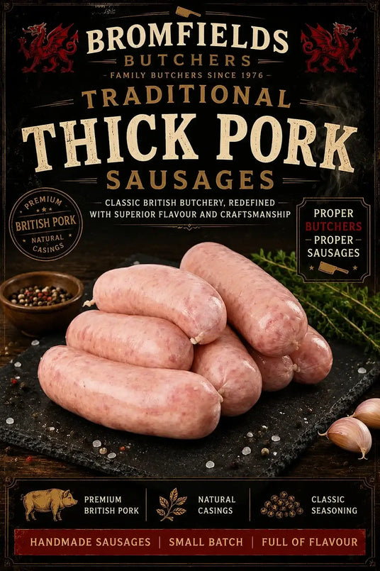 Bromfields Butchers traditional thick pork sausages advertisement with sausages on a dark surface.