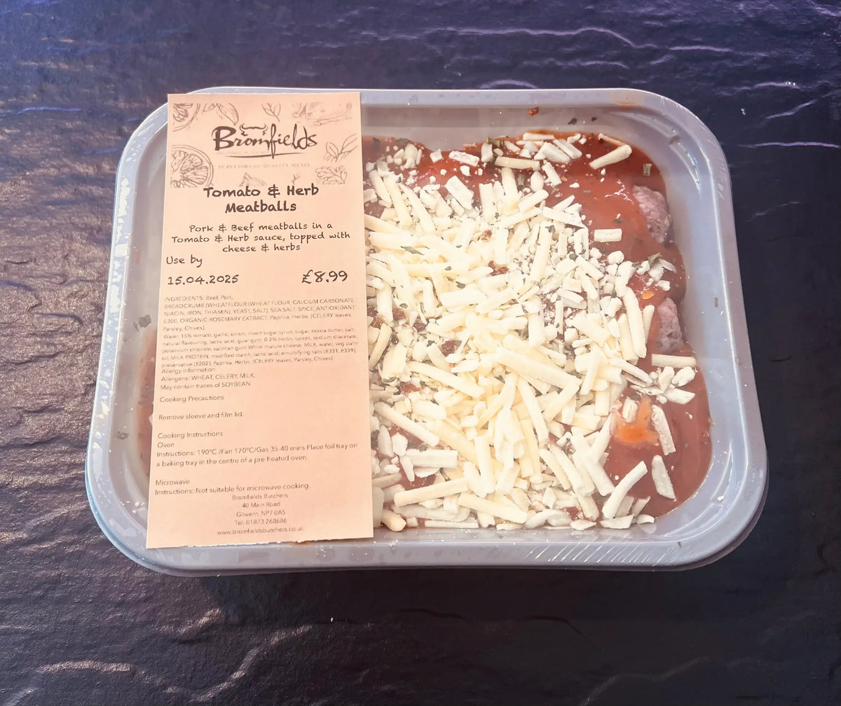 Tomato & Herb Meatballs, ready meals, butcher prepared, Bromfields Butchers