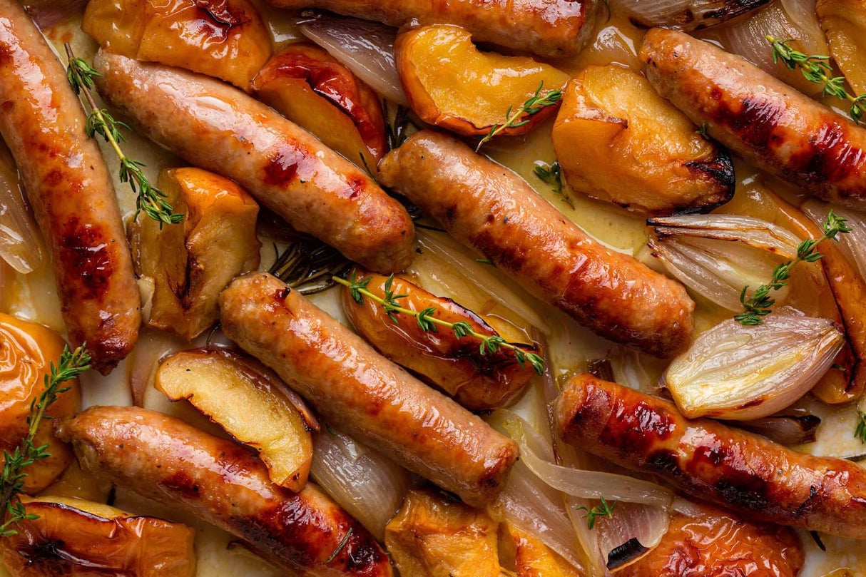 Wild Boar & Sweet Apple Sausages 6's 360g, exotic meats, butcher prepared, Bromfields Butchers