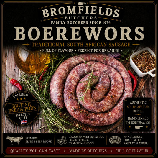 Bromfields Butchers Boerewors made with premium British beef and pork, blended with coriander, black pepper and traditional South African spices, hand-linked into a classic coil.