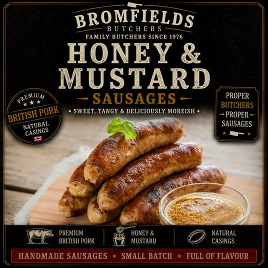 Bromfields Butchers Honey & Mustard Sausages made with premium British pork, sweet honey and mustard for a deliciously balanced sausage with a gentle kick