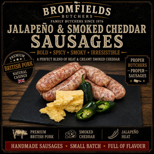 Bromfields Butchers Jalapeño & Smoked Cheddar Sausages made with premium British pork, creamy smoked cheddar and fresh jalapeños for a bold, spicy and smoky flavour.