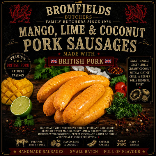 Advertisement for Bromfields Butchers mango, lime, and coconut pork sausages with text and ingredients displayed.