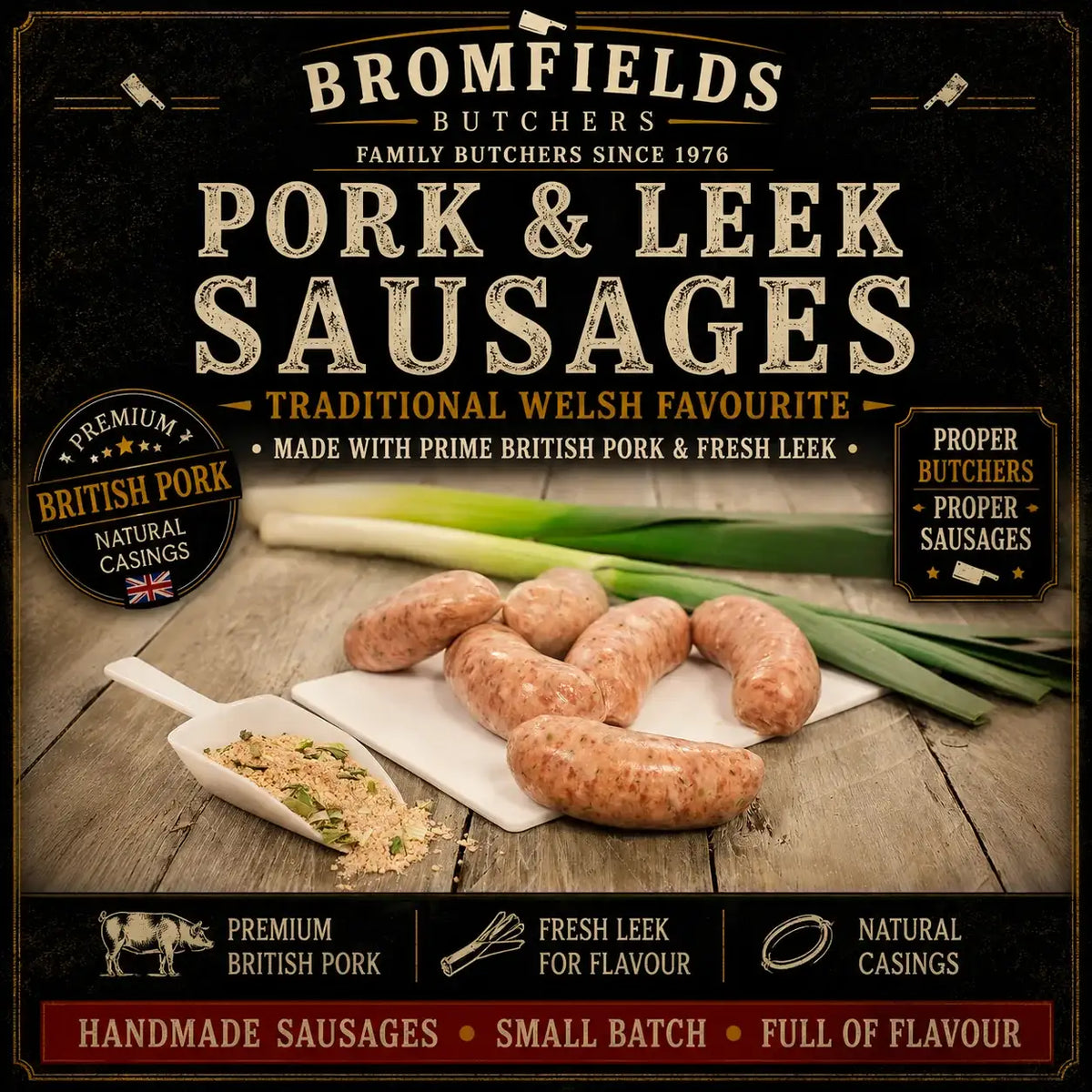 Bromfields Butchers Pork & Leek Sausages made with premium British pork and fresh leek, handcrafted in natural casings for a traditional Welsh favourite