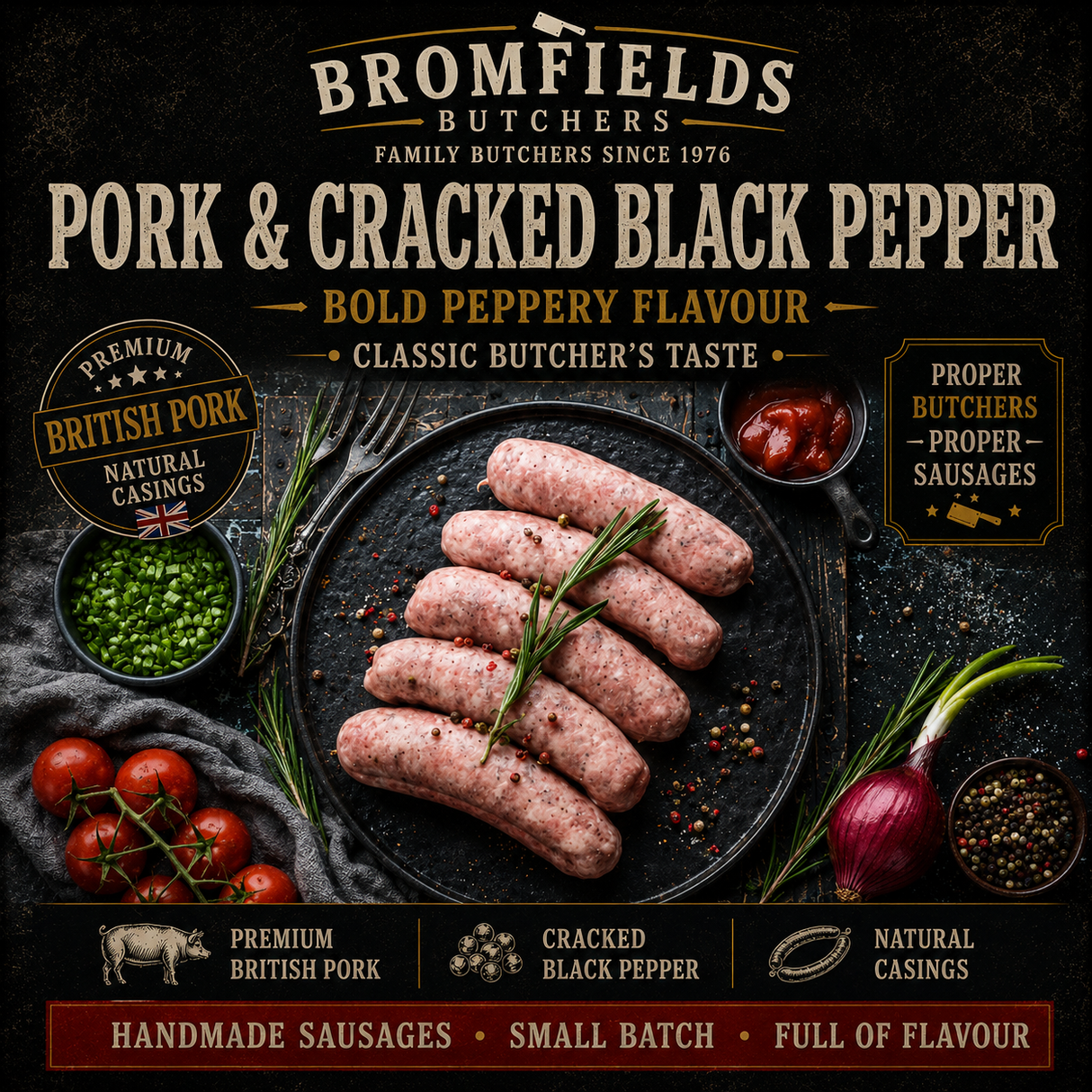 Bromfields Butchers Pork and Cracked Black Pepper Sausages made with premium British pork and natural casings.
