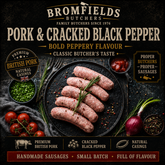 Bromfields Butchers Pork and Cracked Black Pepper Sausages made with premium British pork and natural casings.