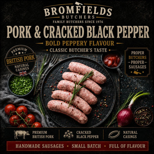 Bromfields Butchers Pork and Cracked Black Pepper Sausages made with premium British pork and natural casings.