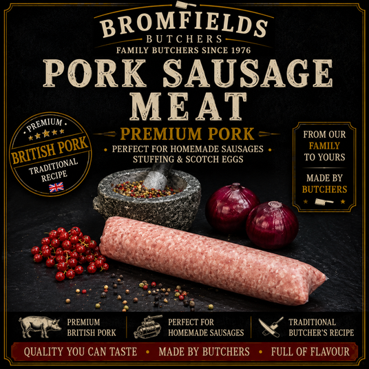 Bromfields Butchers Pork Sausage Meat made with premium British pork using a traditional butcher’s recipe, perfect for homemade sausages, stuffing, Scotch eggs and sausage rolls.