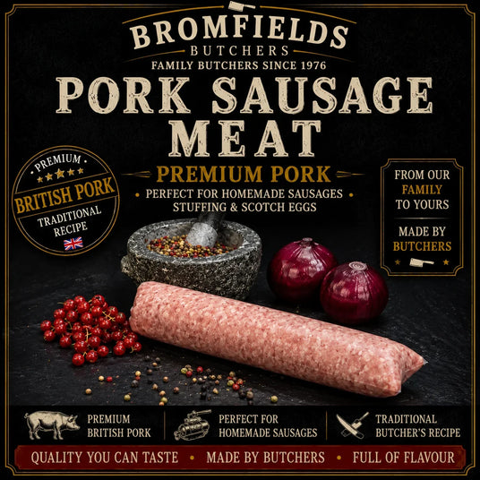 Bromfields Butchers Pork Sausage Meat made with premium British pork using a traditional butcher’s recipe, perfect for homemade sausages, stuffing, Scotch eggs and sausage rolls.
