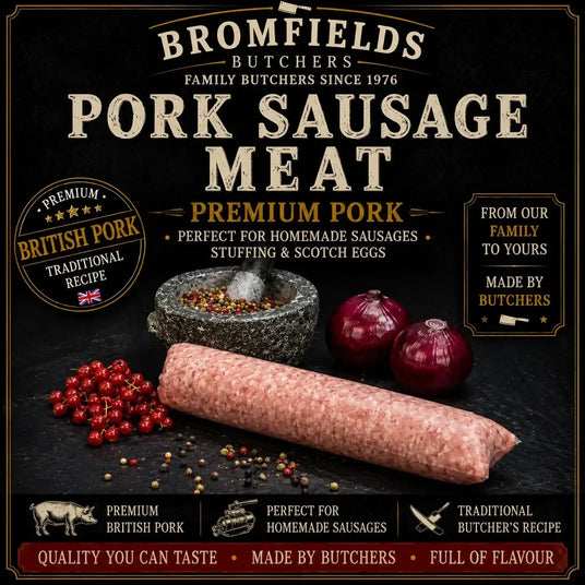 Bromfields Butchers Pork Sausage Meat made with premium British pork using a traditional butcher’s recipe, perfect for homemade sausages, stuffing, Scotch eggs and sausage rolls.