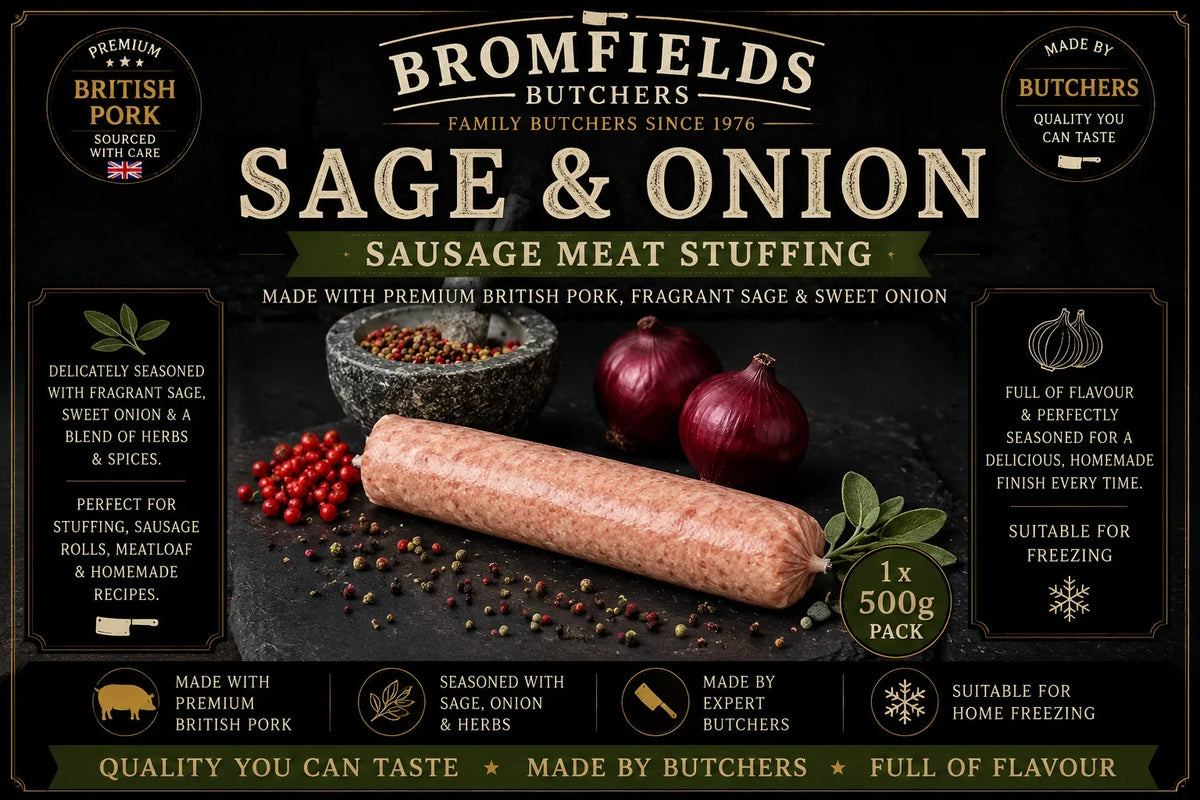 Bromfields Butchers Sage & Onion Sausage Meat Stuffing made with premium British pork, fragrant sage and sweet onion, ideal for stuffing, sausage rolls and homemade recipes.