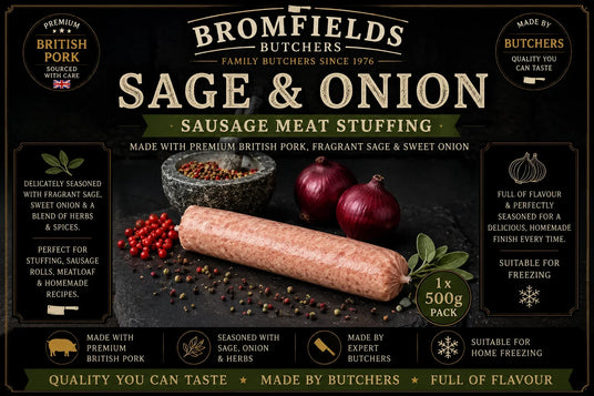 Bromfields Butchers Sage & Onion Sausage Meat Stuffing made with premium British pork, fragrant sage and sweet onion, ideal for stuffing, sausage rolls and homemade recipes.