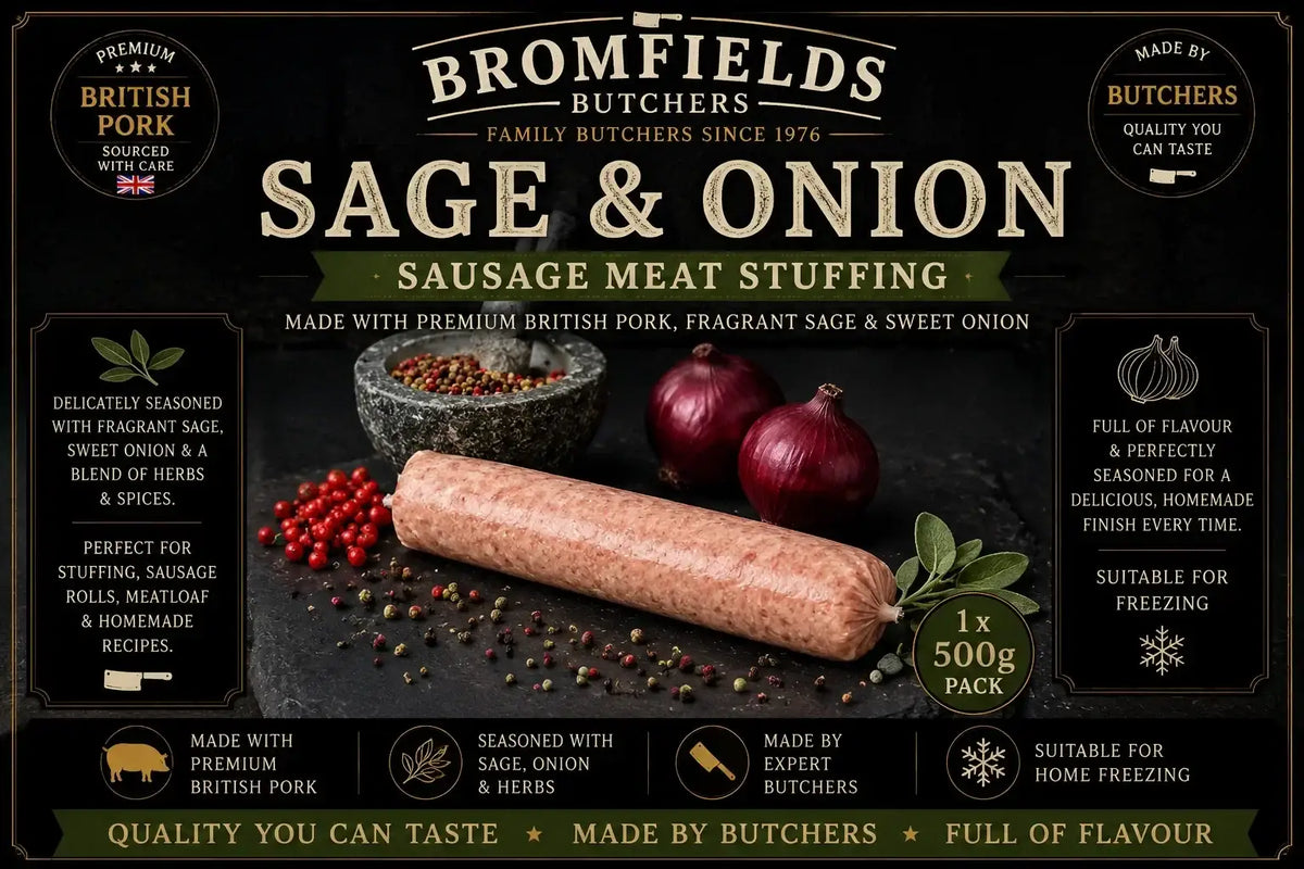 Bromfields Butchers Sage & Onion Sausage Meat Stuffing made with premium British pork, fragrant sage and sweet onion, ideal for stuffing, sausage rolls and homemade recipes.
