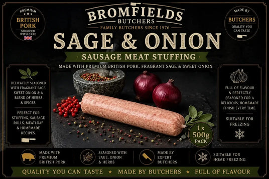Bromfields Butchers Sage & Onion Sausage Meat Stuffing made with premium British pork, fragrant sage and sweet onion, ideal for stuffing, sausage rolls and homemade recipes.