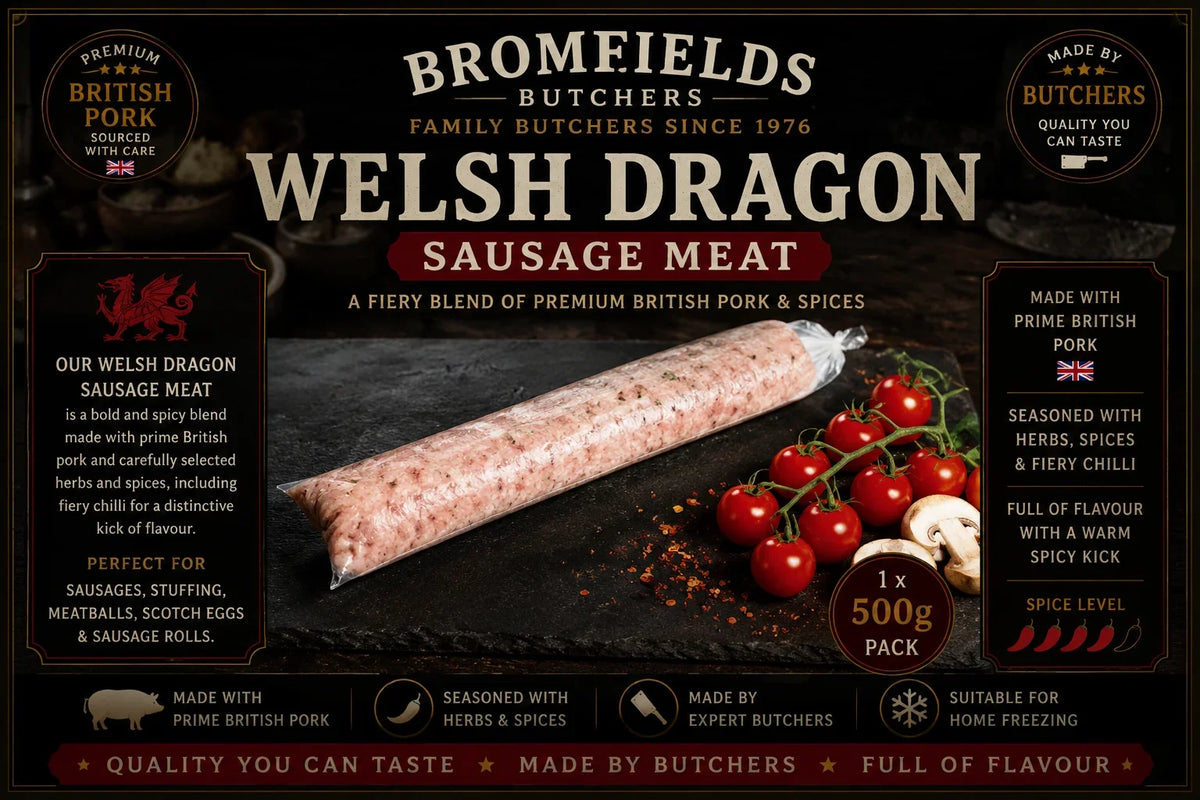 Welsh Dragon Sausage Meat made by Bromfields Butchers using premium British pork and a fiery blend of herbs, spices and chilli, perfect for homemade sausages, stuffing and sausage rolls