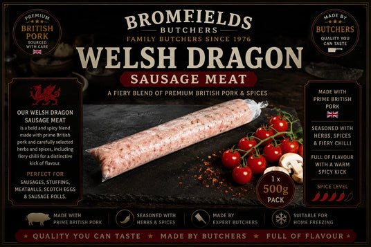 Welsh Dragon Sausage Meat made by Bromfields Butchers using premium British pork and a fiery blend of herbs, spices and chilli, perfect for homemade sausages, stuffing and sausage rolls