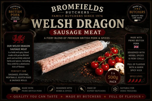 Welsh Dragon Sausage Meat made by Bromfields Butchers using premium British pork and a fiery blend of herbs, spices and chilli, perfect for homemade sausages, stuffing and sausage rolls