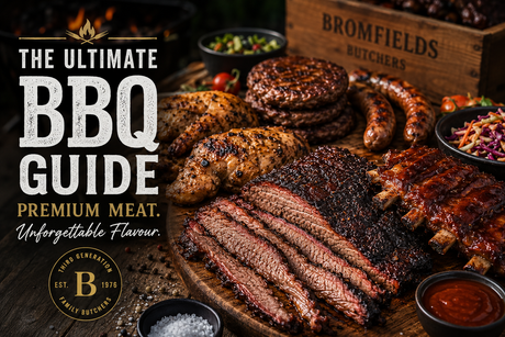 Assortment of premium BBQ meats including brisket, ribs, burgers, and sausages on a wooden board.