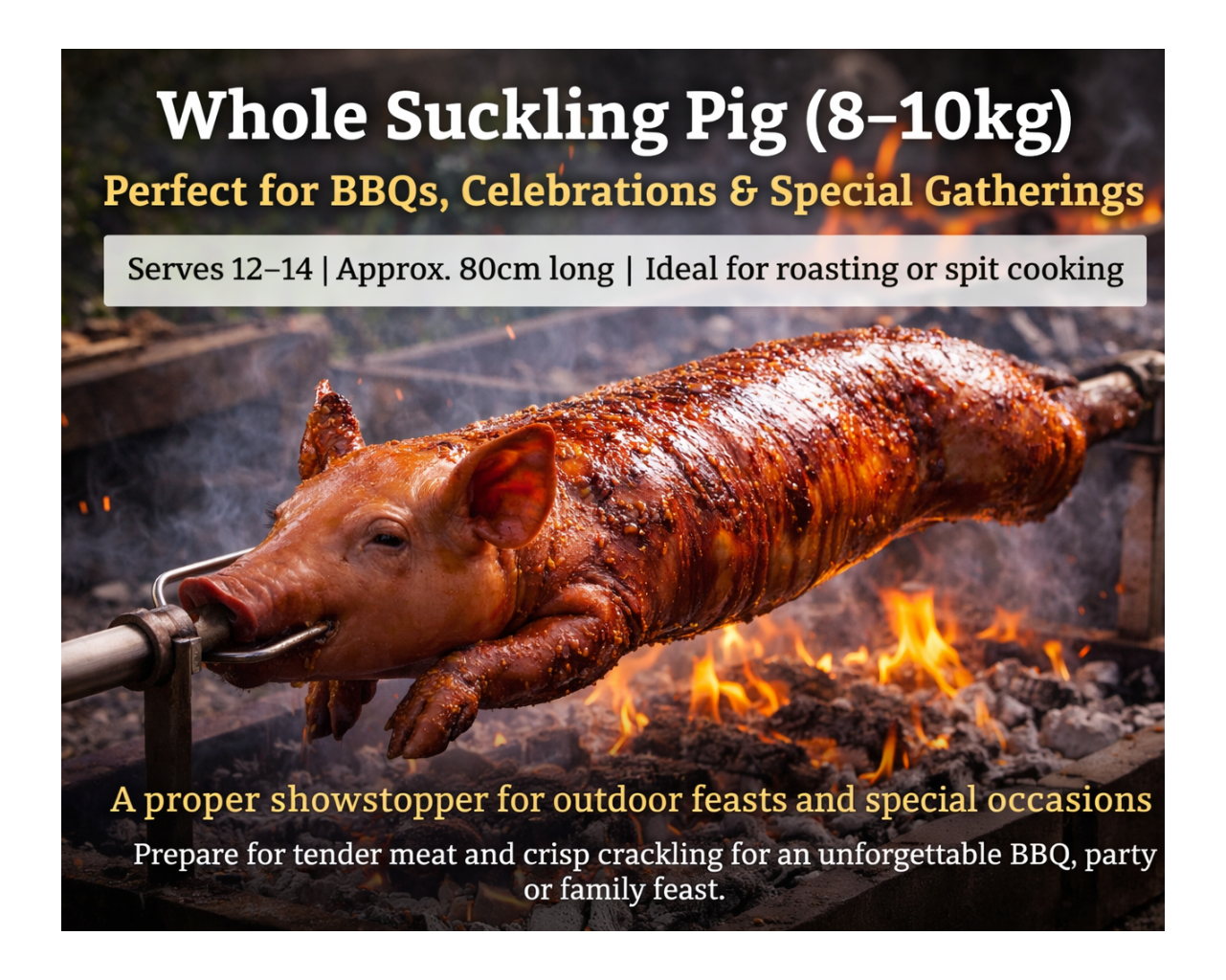 Whole suckling pig roasting on a spit