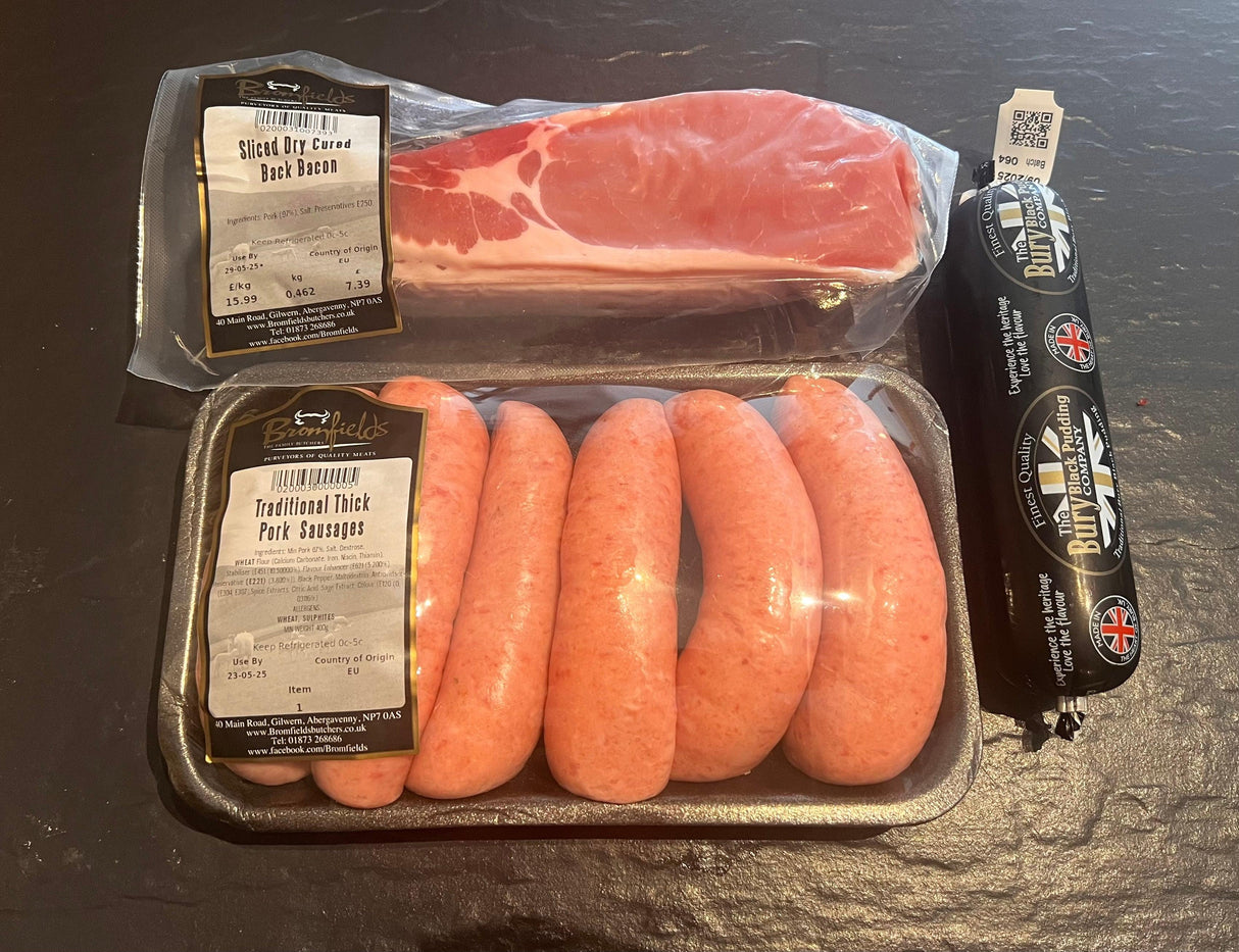 Breakfast Pack with Black Pudding, Sausages, and Bacon, meat packs, butcher prepared, Bromfields Butchers