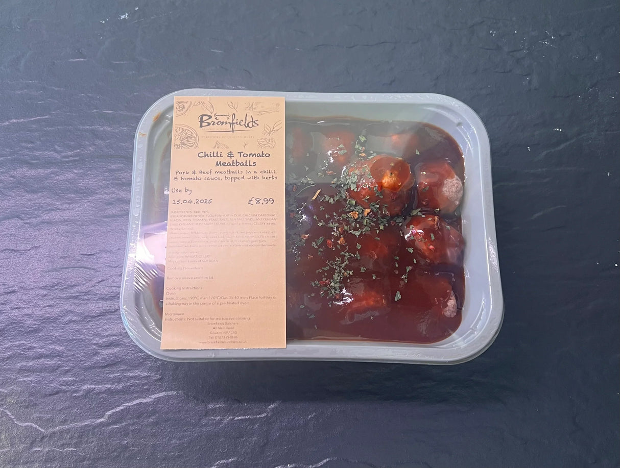 Chilli & Tomato Meatballs, ready meals, butcher prepared, Bromfields Butchers