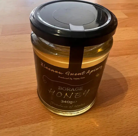 Local Borage Honey 340g jar from Blaenau Gwent Apiary, a natural health remedy for cold symptoms.